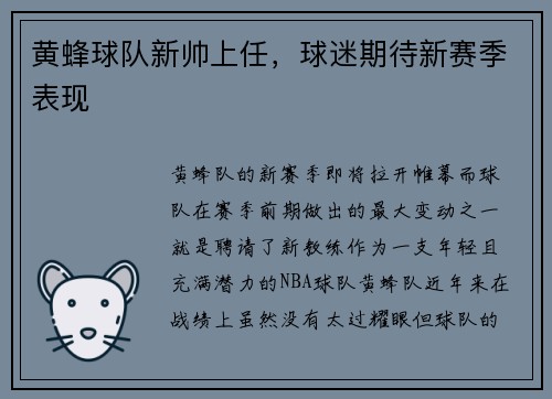 黄蜂球队新帅上任，球迷期待新赛季表现