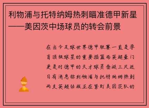 利物浦与托特纳姆热刺瞄准德甲新星——美因茨中场球员的转会前景
