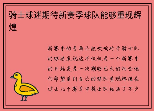骑士球迷期待新赛季球队能够重现辉煌