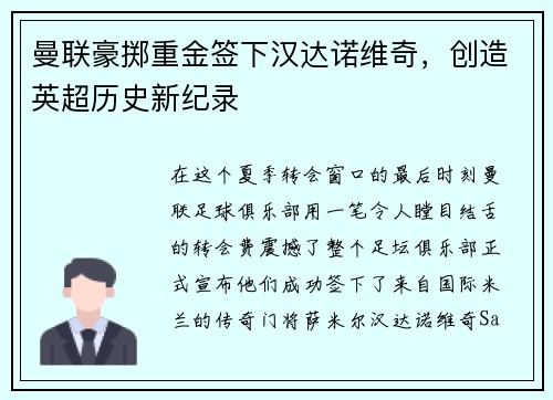 曼联豪掷重金签下汉达诺维奇，创造英超历史新纪录