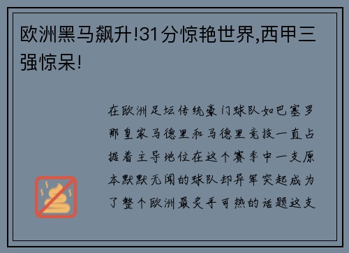 欧洲黑马飙升!31分惊艳世界,西甲三强惊呆!