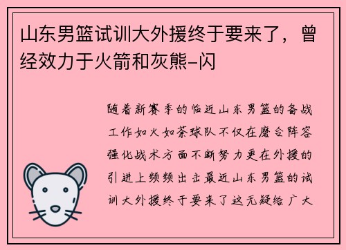山东男篮试训大外援终于要来了，曾经效力于火箭和灰熊-闪