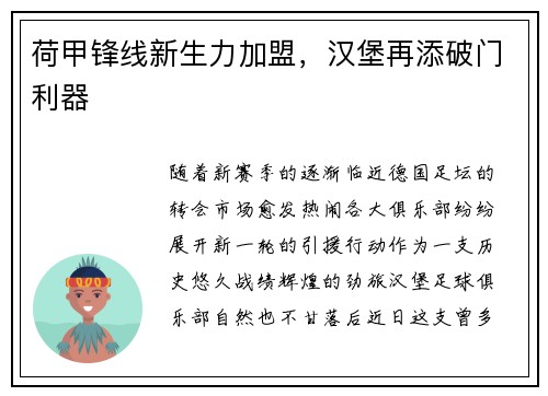 荷甲锋线新生力加盟，汉堡再添破门利器