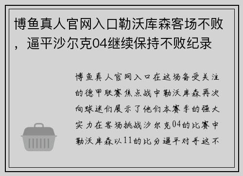 博鱼真人官网入口勒沃库森客场不败，逼平沙尔克04继续保持不败纪录