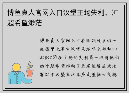 博鱼真人官网入口汉堡主场失利，冲超希望渺茫